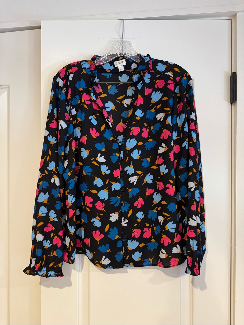 J. Crew Black Floral Button-Up Blouse - Blue, Pink, White NWOT Size L